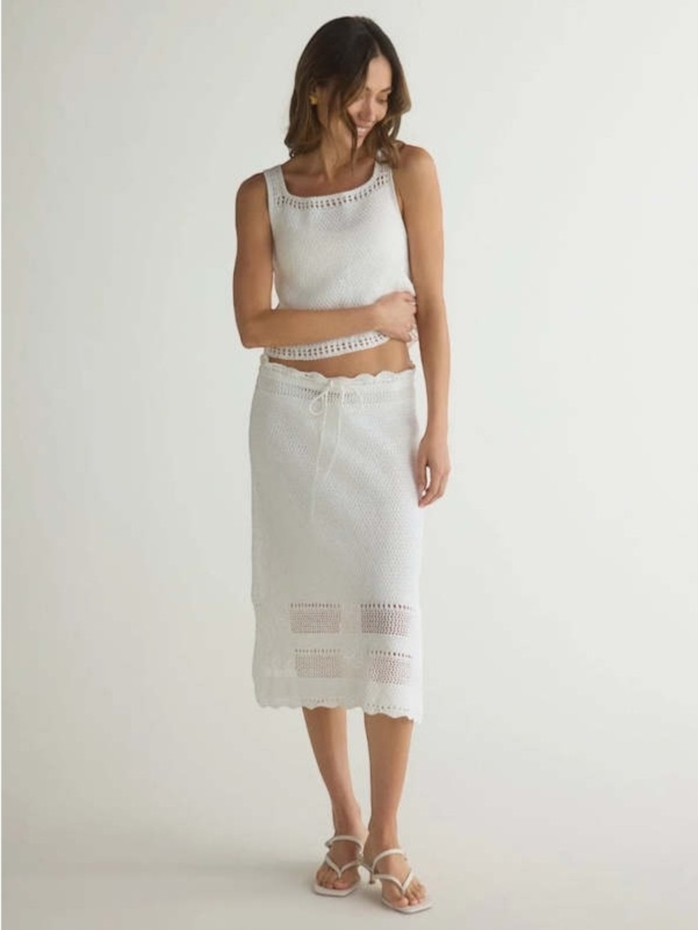 Bella Dahl Set • crochet midi skirt & button back tank set in white